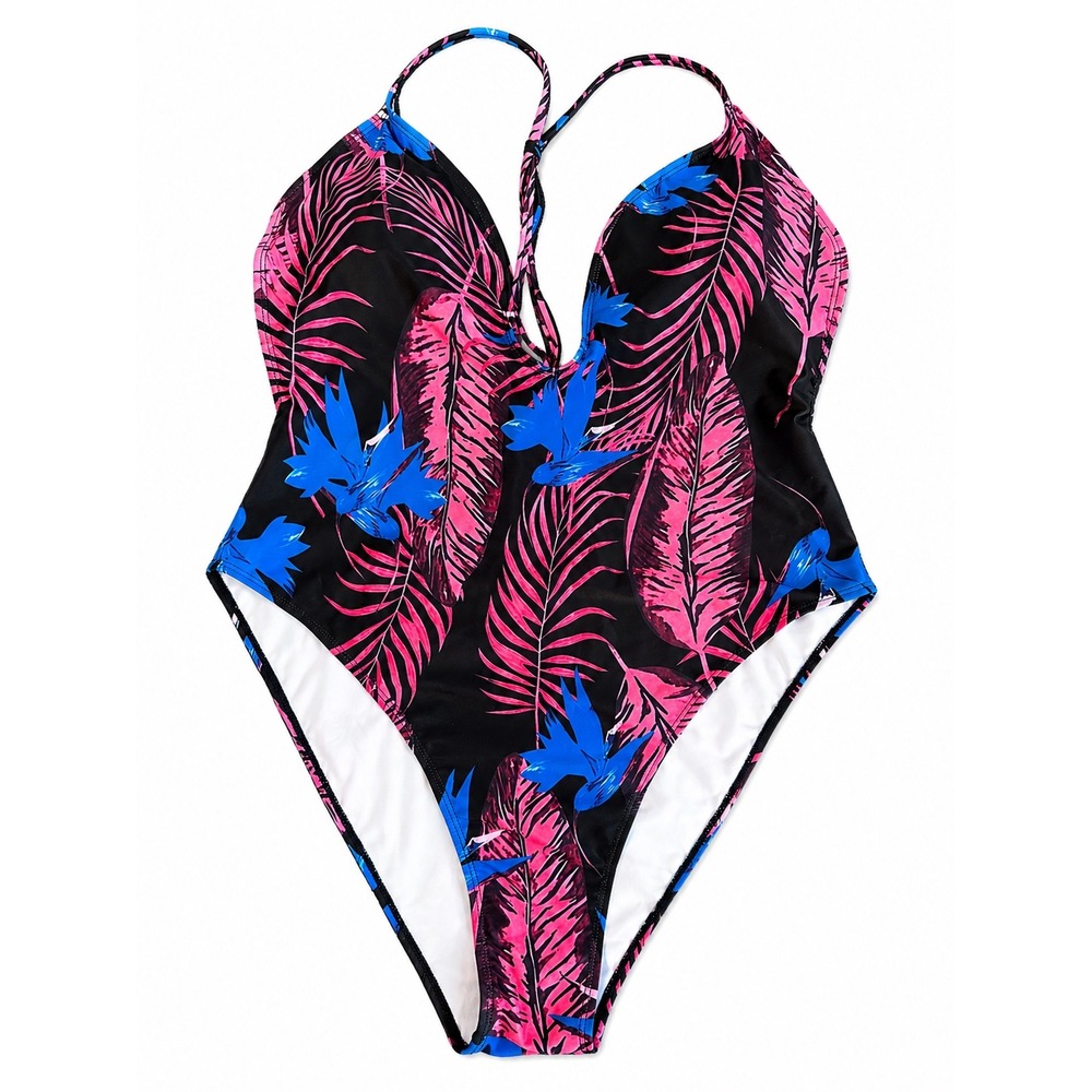 Fashion Nova Nora Tropical Palm Print One Piece Swimsuit Pink Blue Black 2X NEW‎
